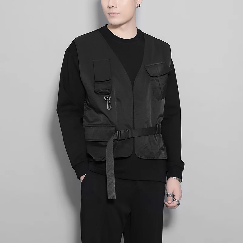 

Men's wear dark street motorcycle pocket Vest Stitching Jacket Men's leisure long-sleeved Hoodie men