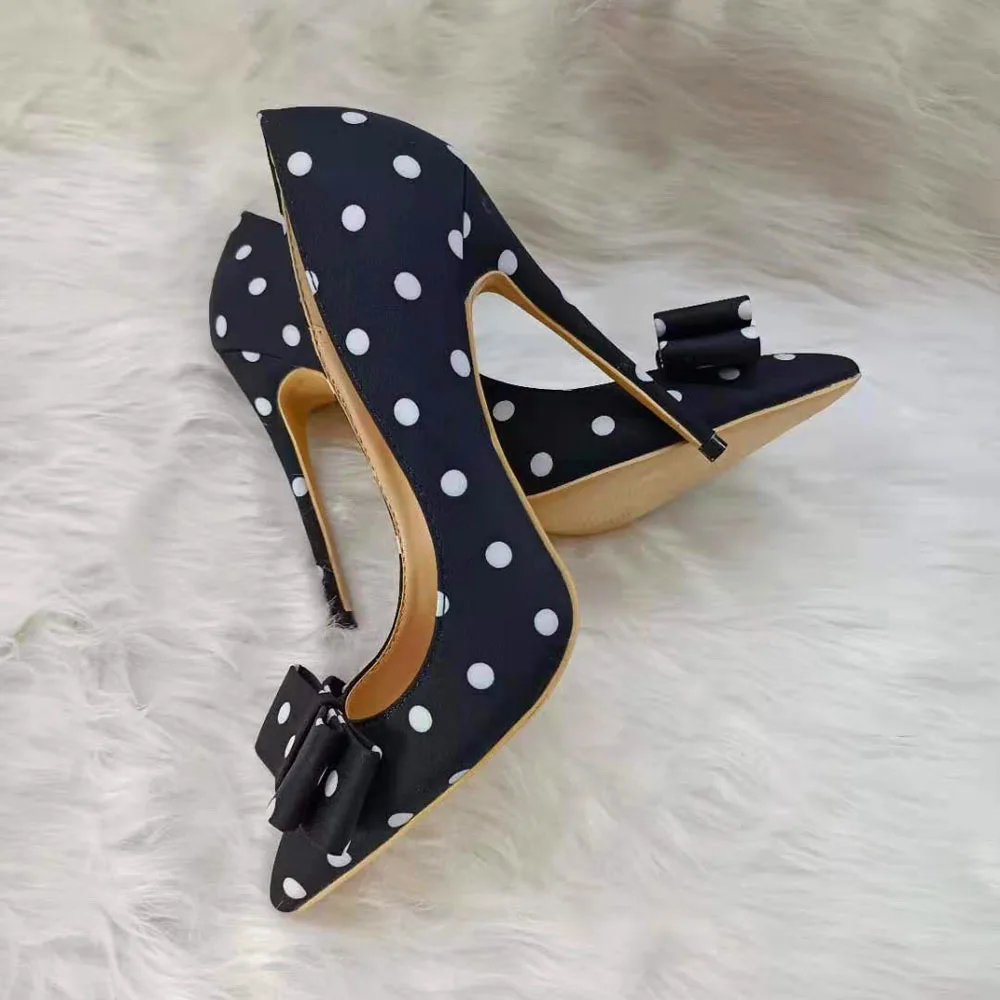 Butterfly-Knot Polka-Dot Pumps Pointy Toe Shallow Stiletto Heels Party Shoes Ladies 8Cm 10Cm 12Cm High Heels Banquet Shoes