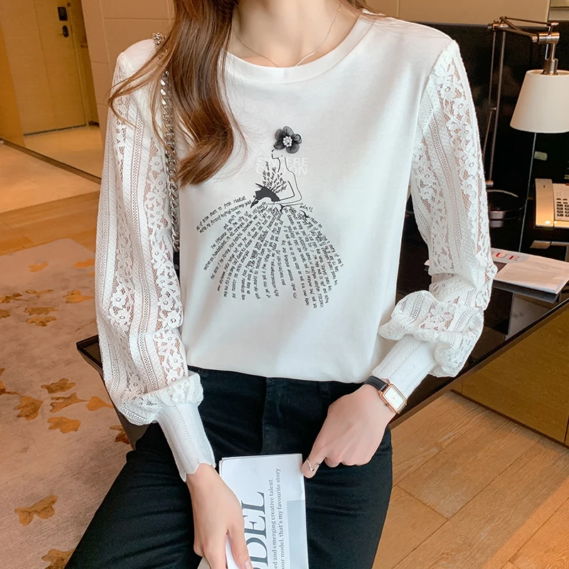 Fashion elegant Women\'s lace Tshirt Casual Tops printing T Shirt Basic bottoming shirts Ladies o-neck Long Sleeve Tee Shirt