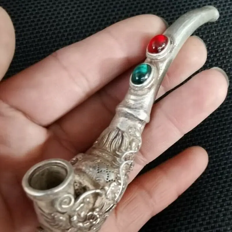 

Old Chinese tibet silver hand-carved Dragon phoenix inlay gem pipe Smoking tools