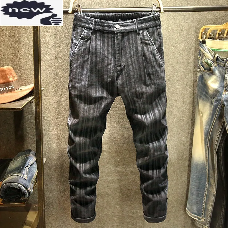 

Брюки-Карандаш мужские стрейчевые, повседневные удобные штаны в полоску, в английском стиле, размеры 28-36, черные, Осень-зима