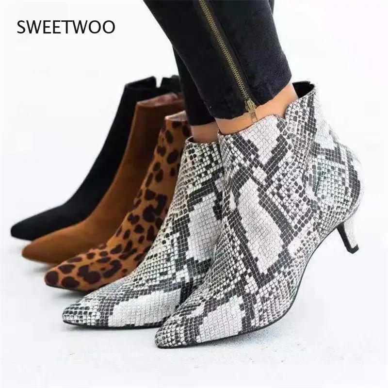 Women Suede Ankle Boot Mid Stiletto Heel Side Zip Pointed Toe Party Work Outdoor Shoe Fine Heel Leopard Print Fashion