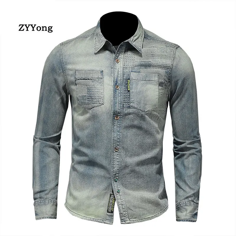 Spring Autumn Retro Jeans Jacket Shirts For Men Clothing Bomber Aviator Motorcycle Lapel Long Sleeve Denim Shirt Cowboy Outwear