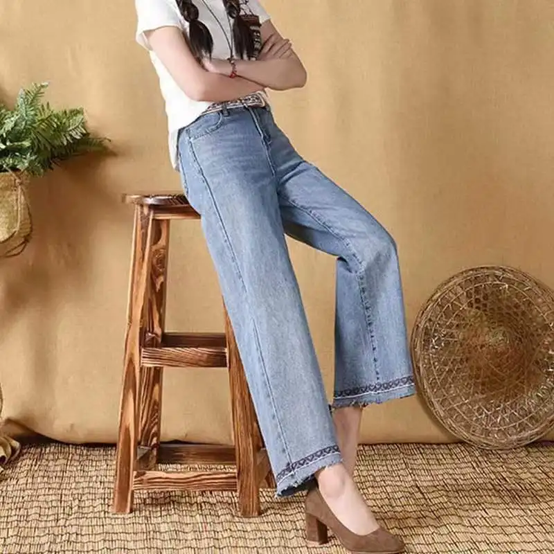 

Light Blue Denim Trousers Vintage Wide Leg Pants Women Korean Straight Long Pants High Waist Casual Loose With Belt 2023 S-4XL