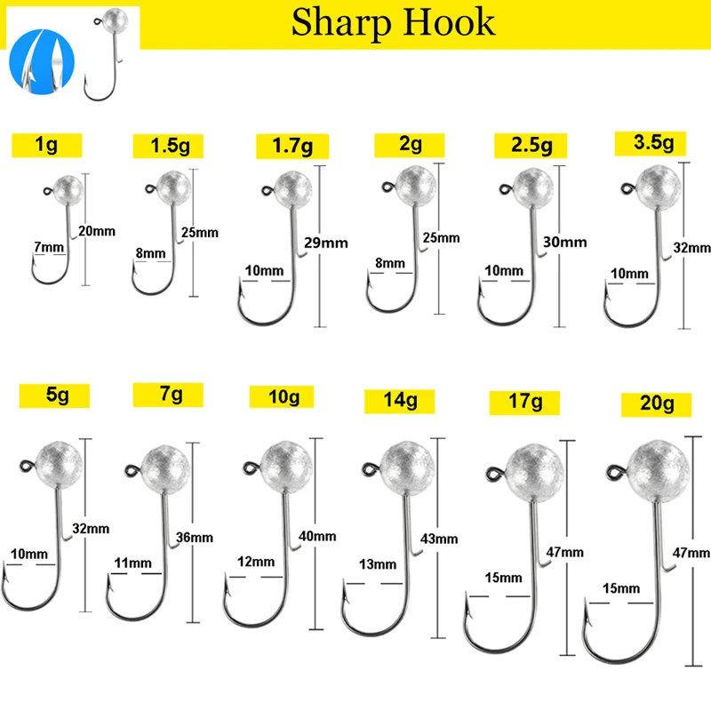 10szt/lot big head jigs hook 1g-20g All size Round Ball Jig Head Hook Weedless Long Shank Jig Head For Soft Worm Fishing