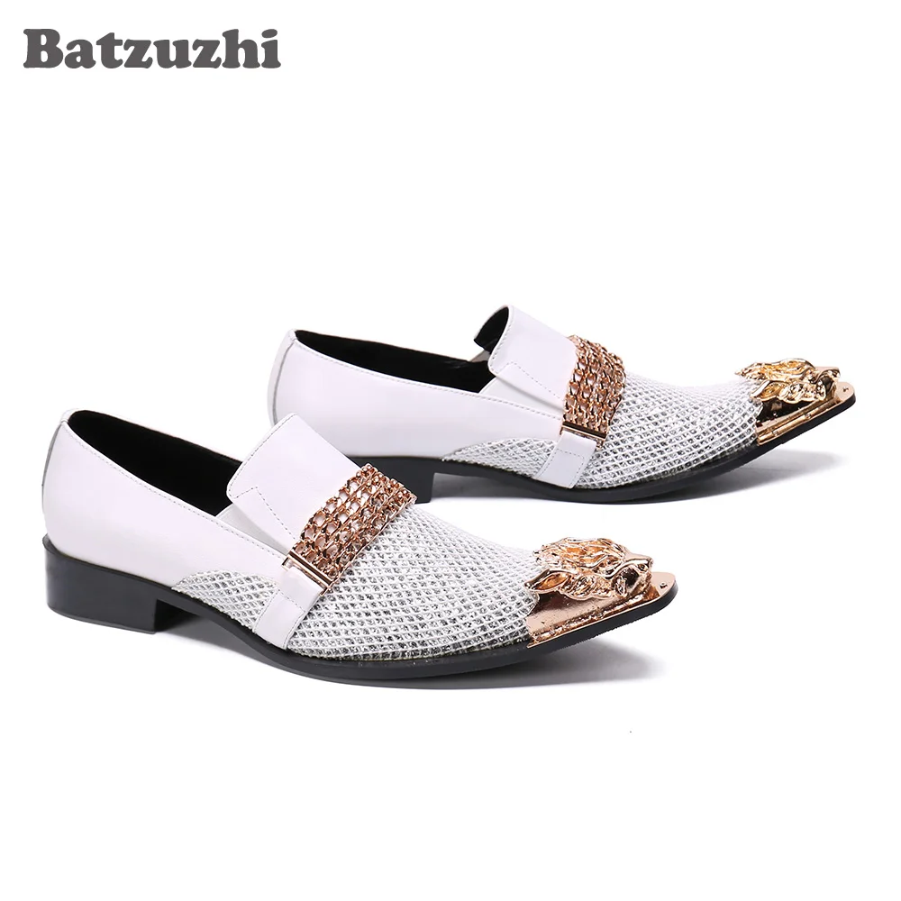 Batzuzhi Men Dress Shoes Italian Type Formal Genuine Leather Shoes Men Pointed Toe White Blink Wedding Shoes, Big Sizes 38-46