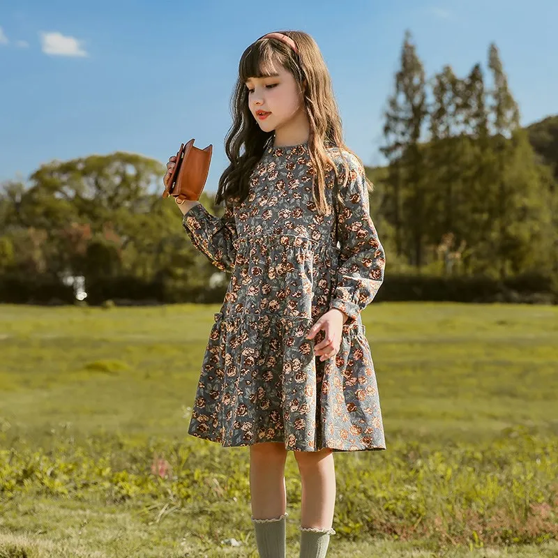 Original Girls Floral Princess Dress 2021 Spring New Kids Ruffles Spliced One Piece Clothes Children Fall Soft Cute Dresses P111