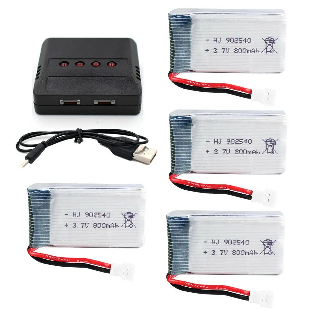 

4Pcs 3.7V 800mAh 902540 20C High Rate Li-Po Lipolymer Battery +USB Charger 51005 Plug For Helicopter Quadcopter Boat