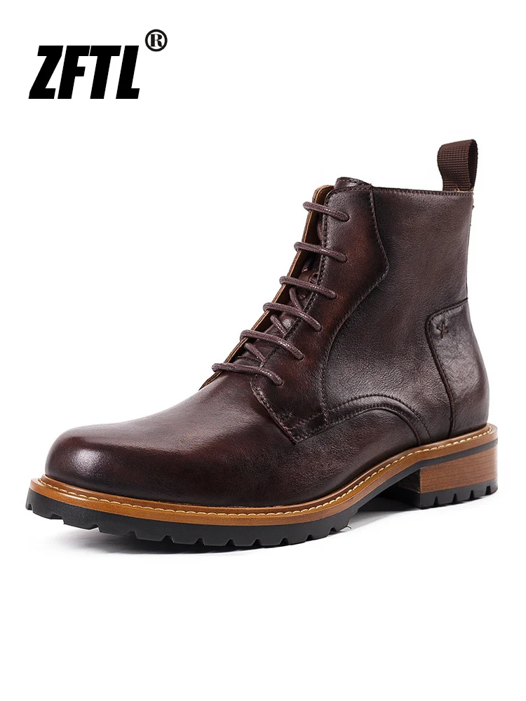 ZFTL Men\'s Basic Boots Men Ankle Boots British Winter with fur warm Man Casual Lace-up Boots Genuine Leather Handmade Retro Boot