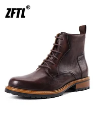 ZFTL Men's Basic Boots Men Ankle Boots British Winter with fur warm Man Casual Lace-up Boots Genuine Leather Handmade Retro Boot