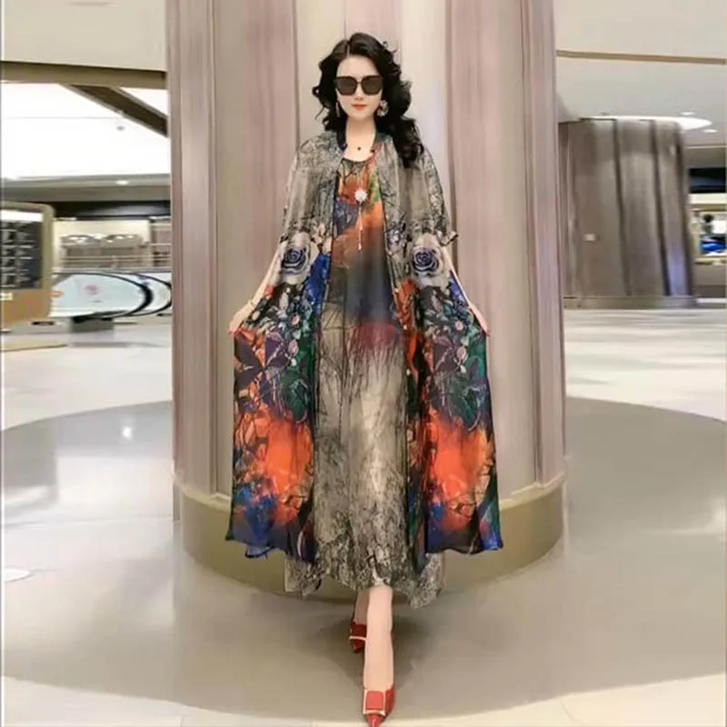 Silk Dress Two-Piece Women\'s Elegant Floral Plus Size Dress Casual Beach Vintage Long Dress mother dress 2023 Summer New Fashion