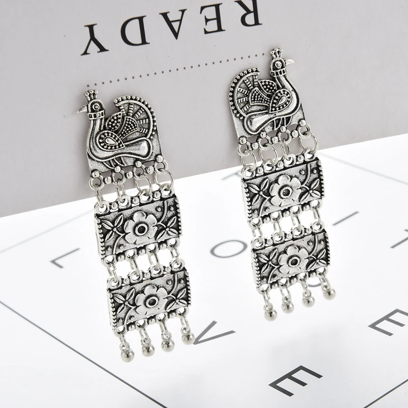 Vintage Peacock Earrings Ethnic Silver Color Three-layer Carved Indian Earrings For Women Exaggerated Tribal Jewelry Orecchini