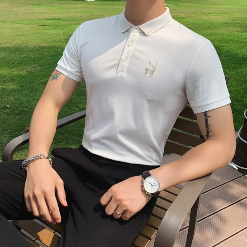 Thin Summer Short-Sleeve T-Shirt Lapel Single-Breasted Diamond Animal Slim Fit Males Solid Casual Pullover Tops Korean Style