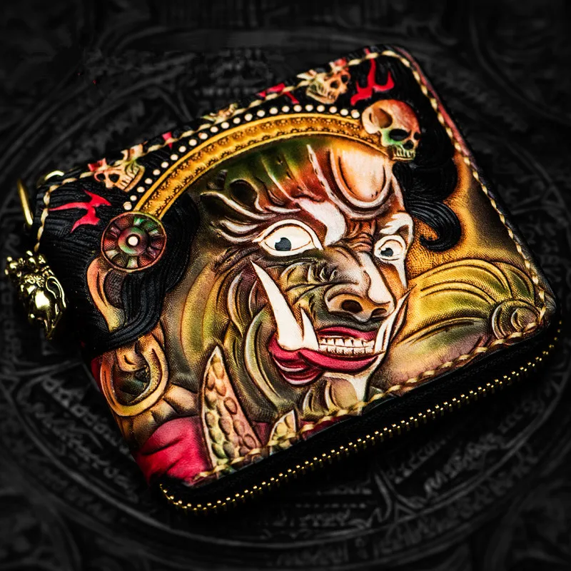 Hand-made Short Mahakala Wallets Purses Women Men Clutch Vegetable Tanned Leather Thin Wallet Card Holder Birthday Present