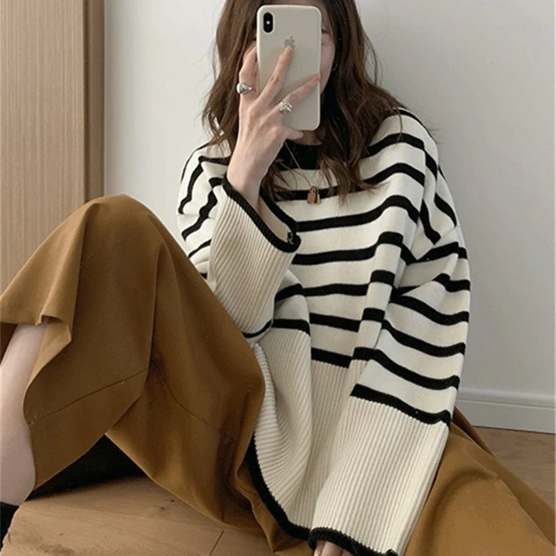 

Hirsionsan Casual Oversized Striped Pullover Women Knit Basic Autumn Winter Sweater Female Loose-Fitting Thick Jumpers 2023 New