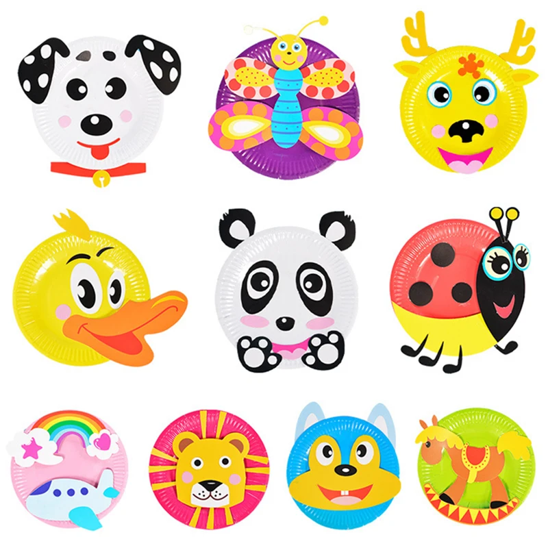 10PCS Animal Cartoon Paper Plate Drawing DIY Handmade Colorful Crafts Toys Material Package Children Creative Puzzle Toys Gifts