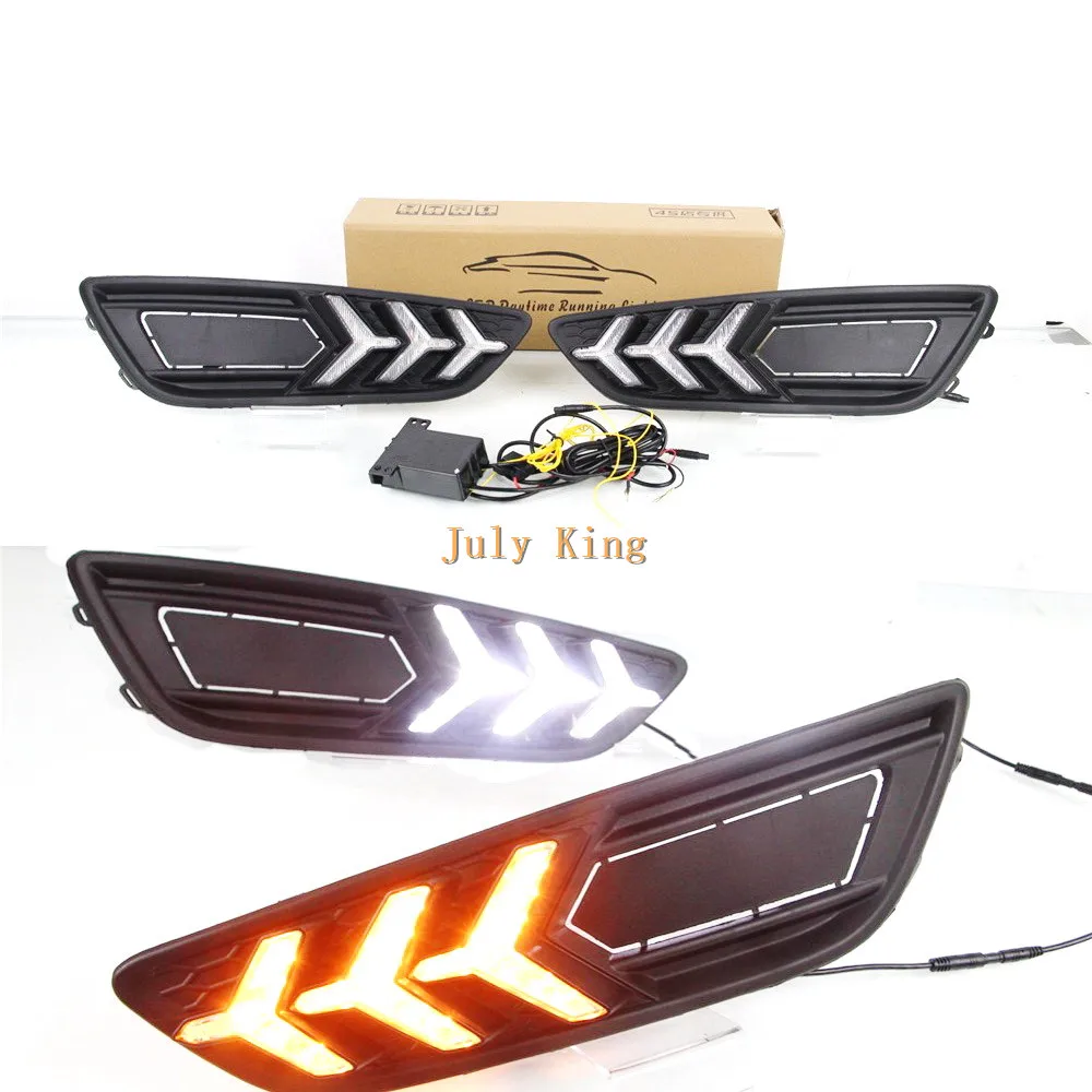 

July King LED Daytime Running Lights Case for Ford Focus IV 2015-2018, LED Front Bumper DRL With Streamer Yellow Turn Signals