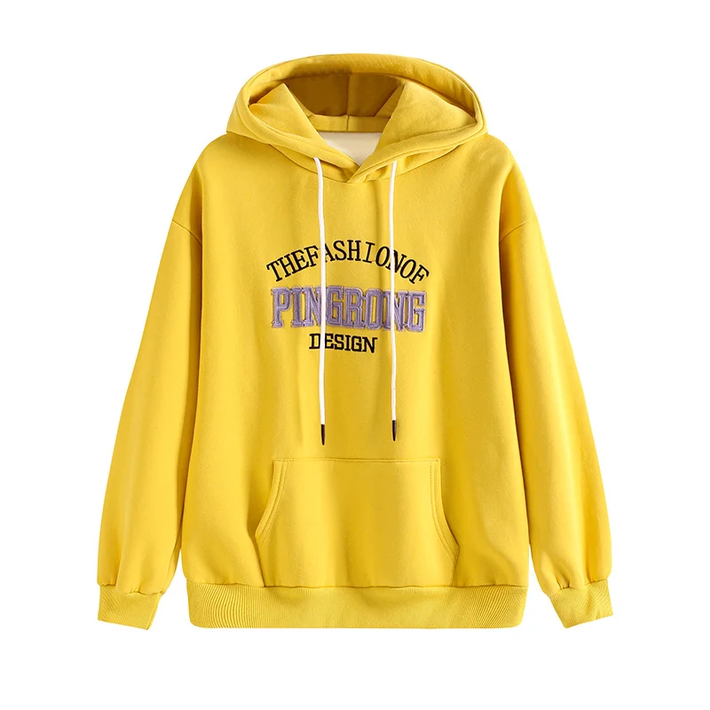 Winter Pullover Thicken Women Hoodies Yellow Letter Fashion Design Print Sweatshirt Kangaroo Pocket Long Sleeve Coat