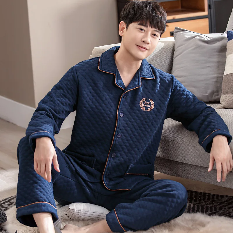 

Men Air Cotton Sleepwear Suit Winter Thick Warm Mens Pajamas Long Sleeve Turn-down Collar 4XL Male Homewear