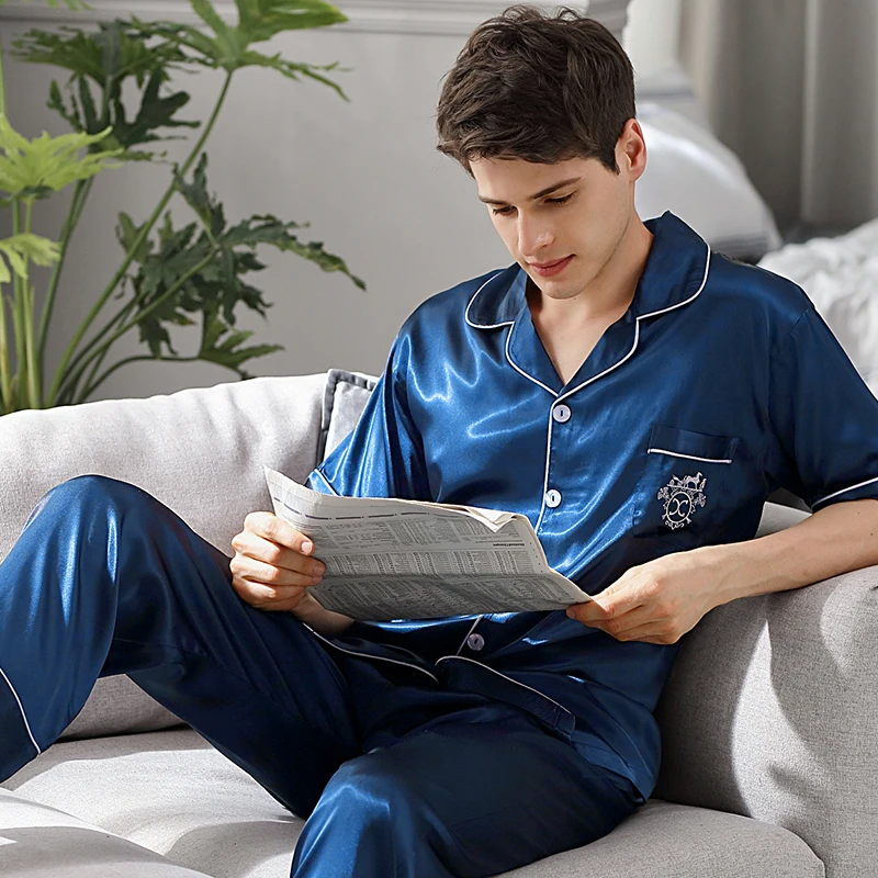 Sleepwear Male Summer Short Sleeve Long Pants Ice Silk Two-Piece Pajama Sets Blue Thin Men Pyjamas Homewear 9008B