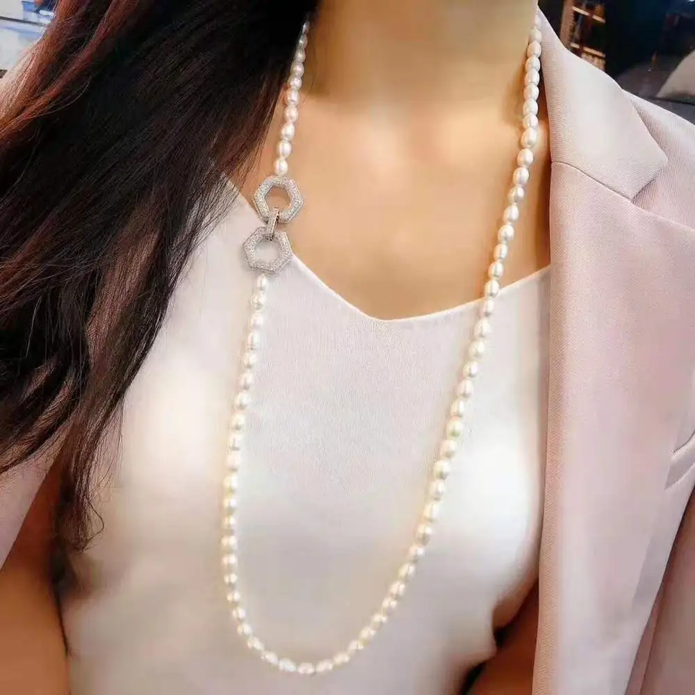 Women's jewelry 8-9mm 80cm micro inlaid zircon accessories white rice freshwater pearl necklace