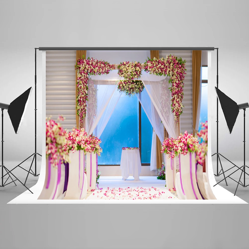 

VinylBDS Indoor Wedding Theme Photography Backdrops Beautiful Flowers Lace Curtains photo Background Photography Backdrop