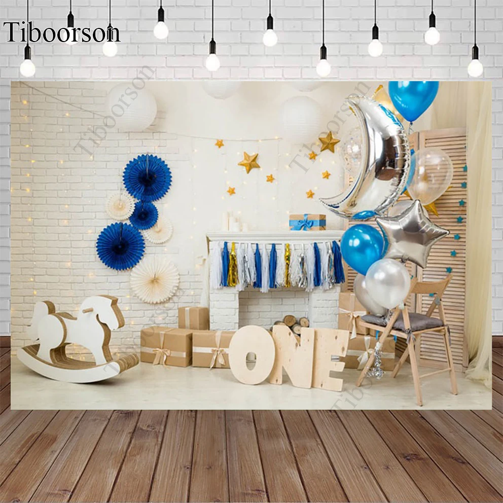 

Newborn 1st Birthday Warm Family Party Photography Backdrops Balloons Toy Trojan Horse Decoration Children Photo Background