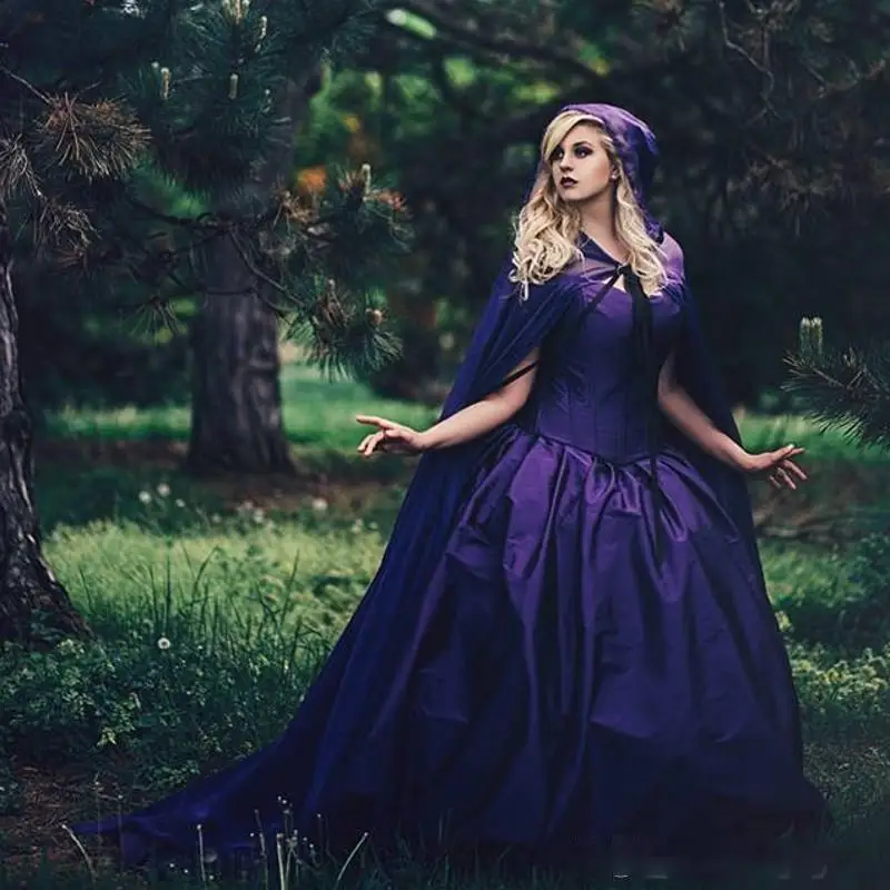 Gothic Ball Gown Purple Wedding Dresses With Cloak Removable Bell Sleeves Cheap Country Wedding Dress 2021 Lace Up bridal gown