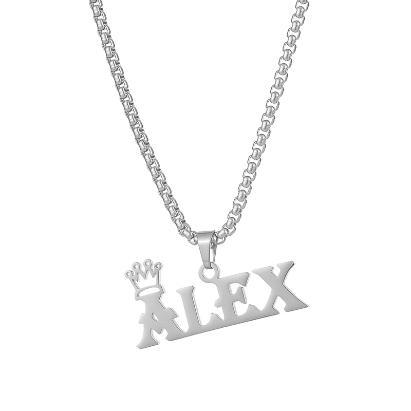 New Personalized Thick Chain With Crown Names Pendant Hook Necklaces Bold Stainless Steel Custom Big Letter Necklace Jewelry