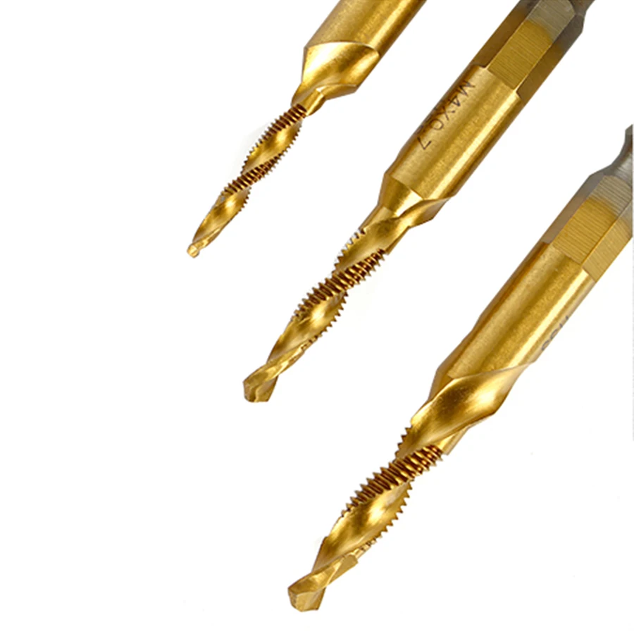 6Pcs Three-In-One ความเร็วสูงเหล็กก๊อก M3 M4 M5 M6 M8 M10ก๊อกเจาะ Chamfering One ชิ้นเกลียว Titanium ชุบก๊อก