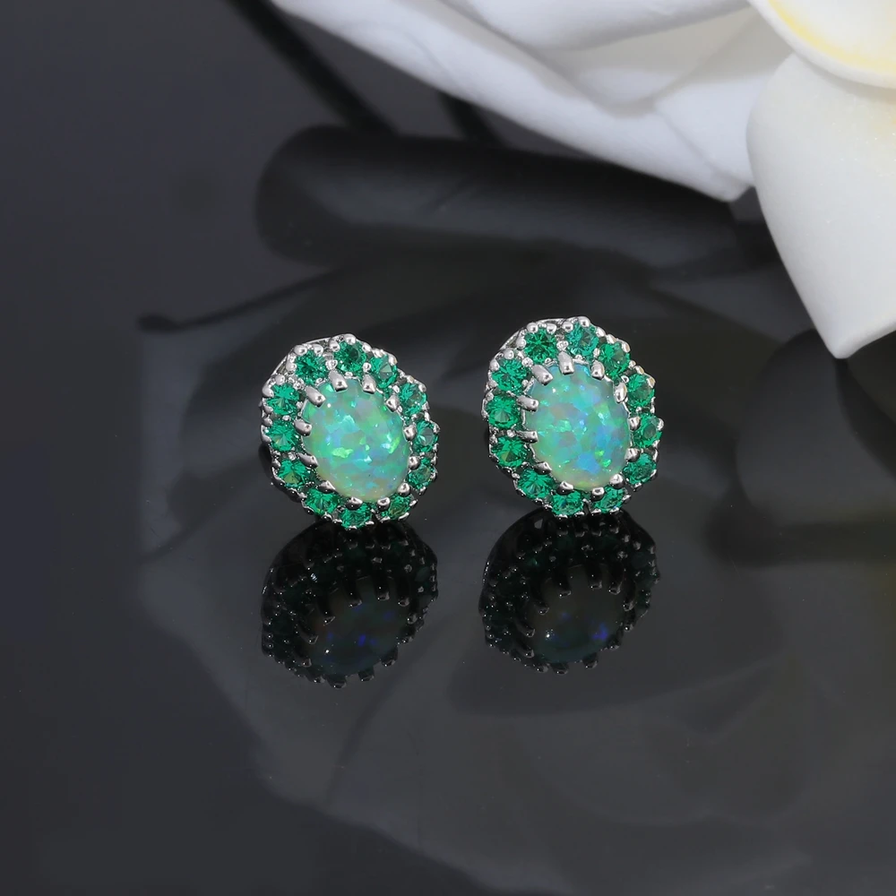 CiNily Green & Blue Fire Opal Stud Earrings Silver Plated Big Oval White Stone Filled Earring Lavish Fully-Jewelled Female Gifts