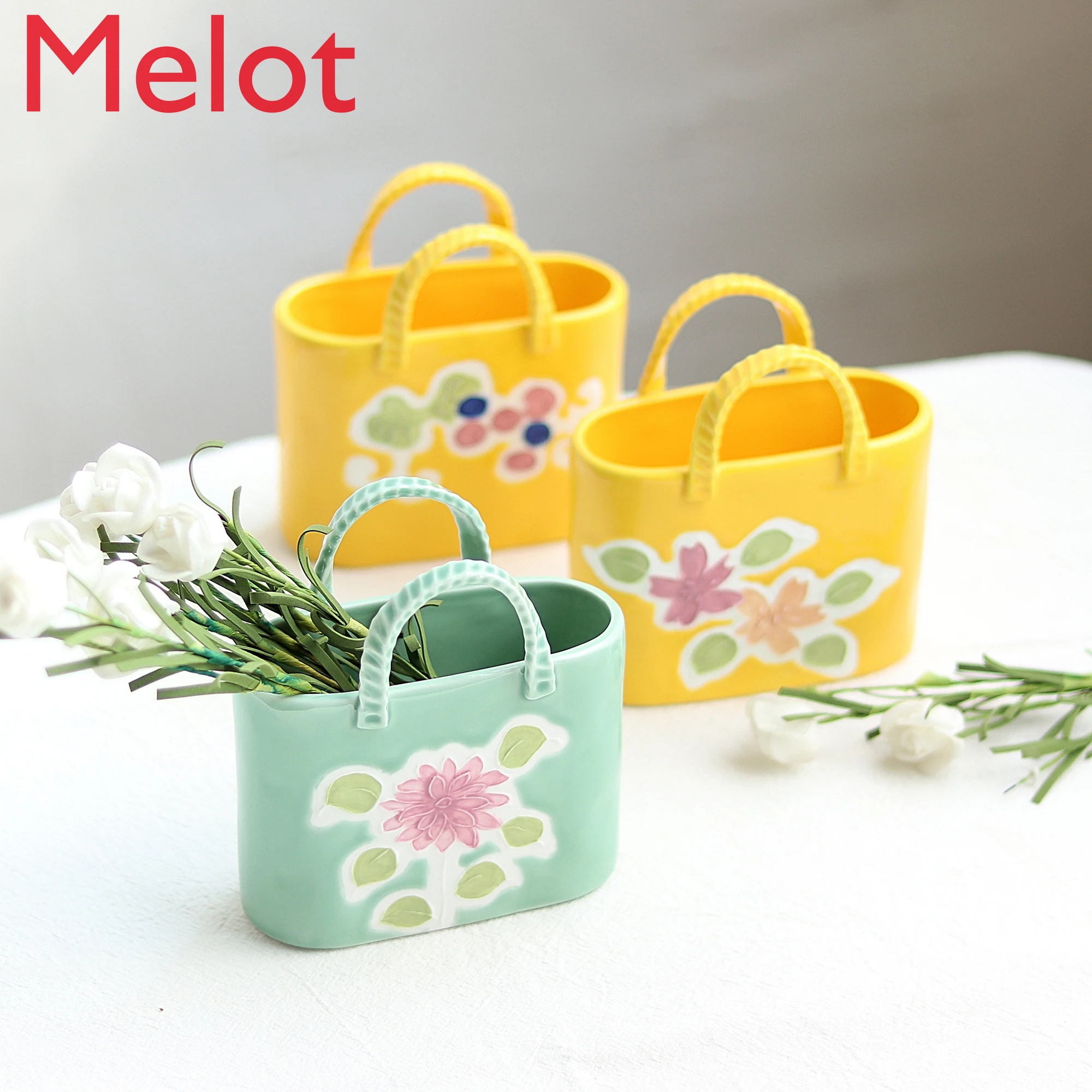 Chinese Style Handmade Ceramic Creative Household Flower Holder Handbag Decorative Storage Decoration Flower Basket Vase