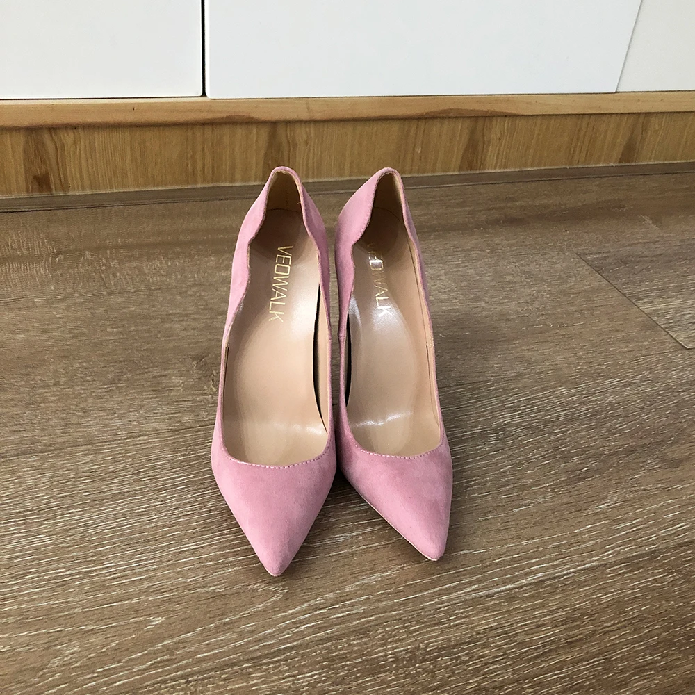 Veowalk Pink Flock Women Curl Cut Pointed Toe Stiletto Pumps Elegant Ladies Suede HIgh Heel Shoes for Party Office 8cm 10cm 12cm