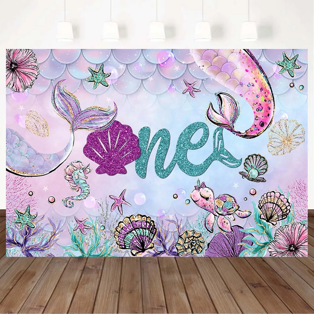 

Mocsicka Mermaid Birthday Party Backdrop Decoration Girl Princess 1st Birthday Undersea Photo Background Props for Photography