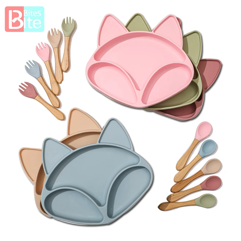 

Bite Bites 3PCS/SET Baby Feeding Tableware Set Silicone Fork Spoon With Wooden Handle Kid Eating Dinnerware Set Dishes for Baby