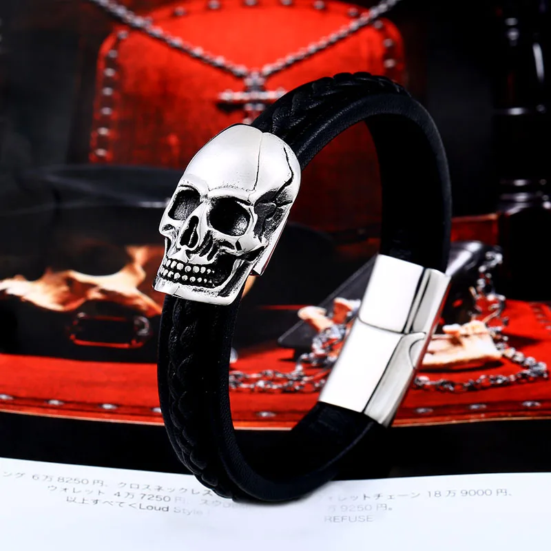 BEIER Punk style Wholesale Drop Ship Man\'s High Quality Genes Skull Leather Bracelet  Bangle For Man BC-L023
