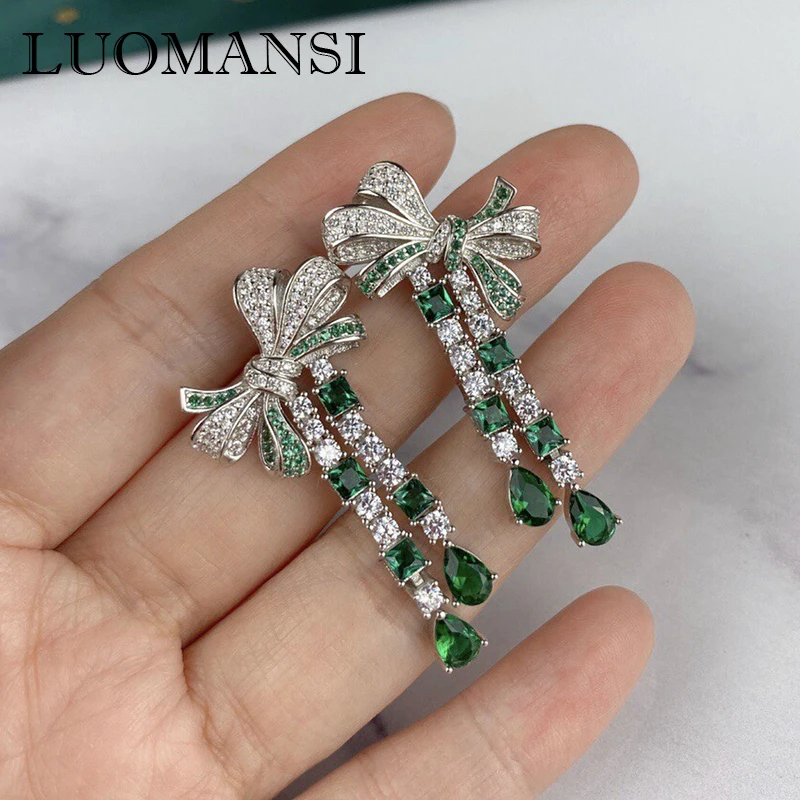 Luomansi 100%-S925 Sterling Silver Creative Bow Tassel Earrings Super Recognition High Carbon Diamond Emerald Jewelry