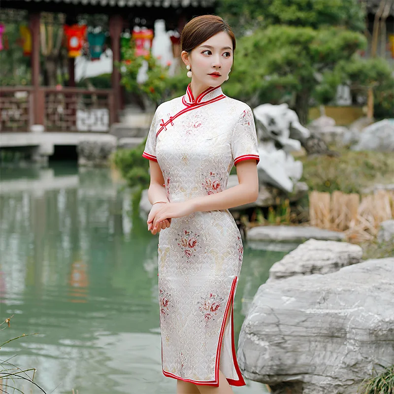 Gorgeous New  Silk Satin Slim Women Qipao Long Fork Vintage Button Chinese Traditional Mandarin Collar Ladies Cheongsam 3XL