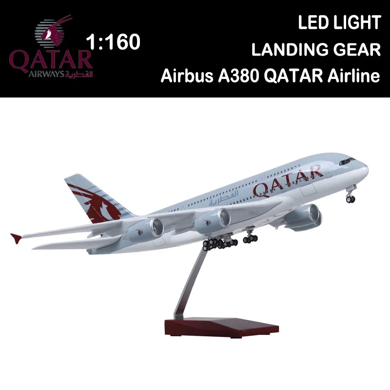 1/160 50CM Airplane  A380 QATAR Airline Model with Light Diecast Plane Collection Airliner Gift Boys Kid Toys Display Show