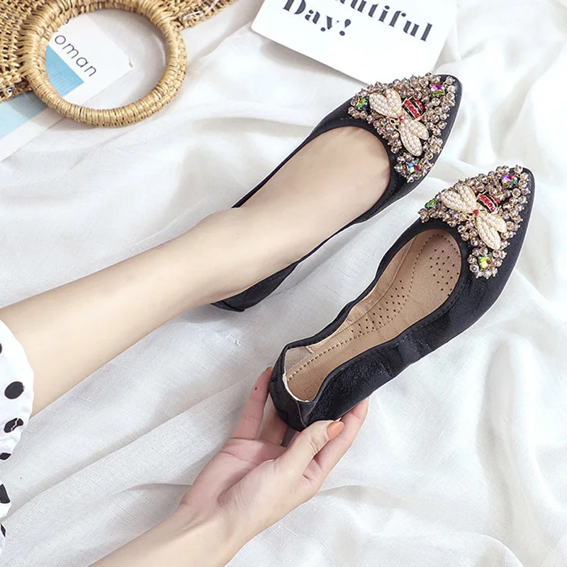 Elegant Women Shoes 2023 Spring Flats Shoes Woman Soft Comfortable Silk Rhinestone Summer Ladies Single Shoes zapatos de mujer