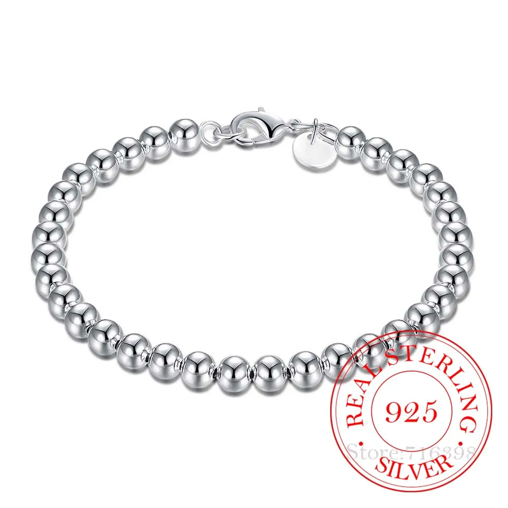 Łańcuszek z koralikami, 100%, srebro próby 925, dla kobiet, moda, 6mm, łańcuszek, bransoletka, 20cm, dla nastoletnich dziewczyny, panie, prezent, biżuteria dla kobiet