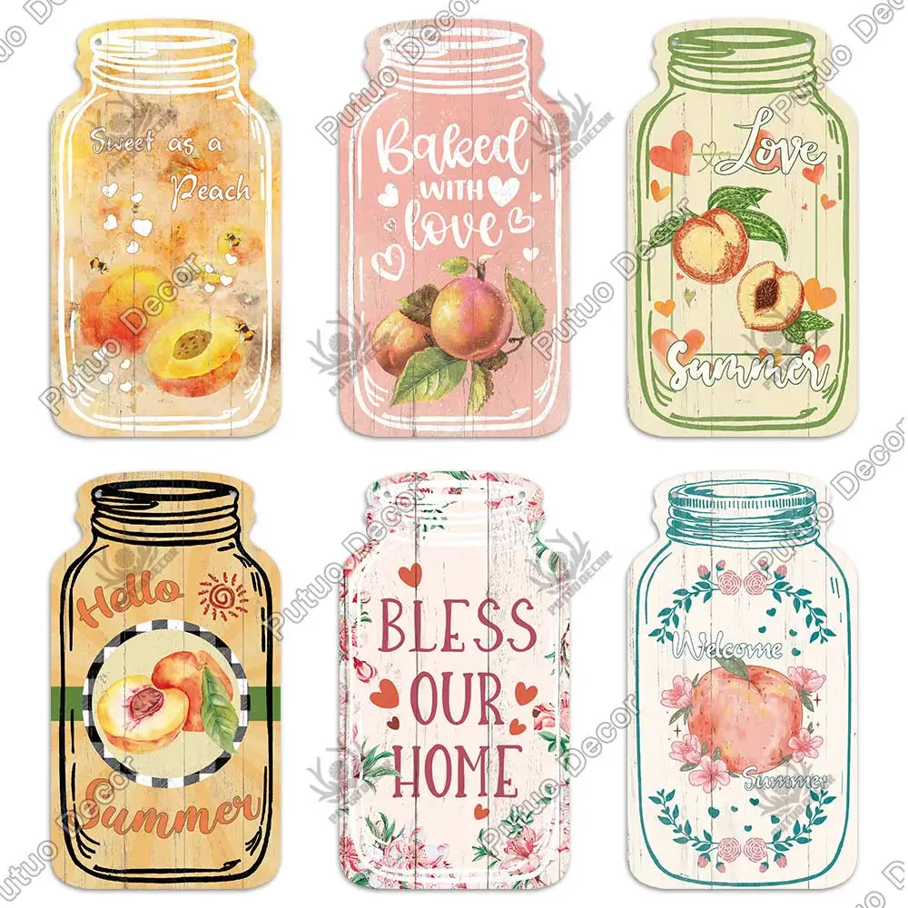 Putuo Decor-Peach Mason Jar Shaped Wood Signs, Sweet Fruits Hanging Plaque, Home Decoration, Kitchen Wall Decor - Image 3