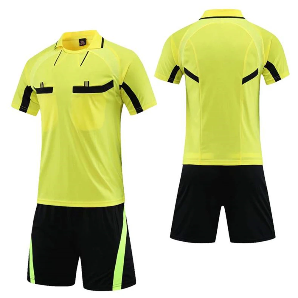 Professional Soccer Referee Uniform Men Turn-down Collar Football Referee Clothes Short Sleeve Judge Shirt Three Pockets Shorts