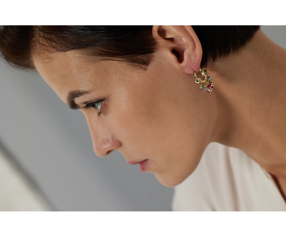 Yhpup Edelstahl Bunte Zirkonia Creolen für Frauen Exquisite Mode Metall Textur Geometrische Ohrringe Geschenk – Detail 5