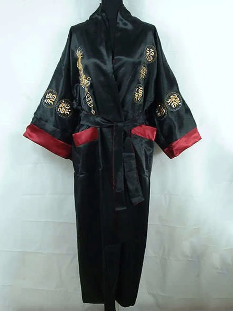 Burgundy Black Reversible Chinese Women\'s Satin Silk Two-face Robe Embroidery Kimono Bath Gown Dragon One Size S3003&