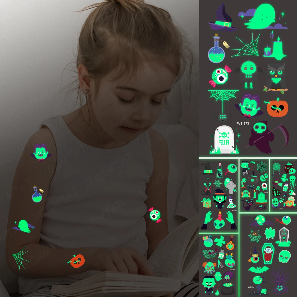 

Luminous Waterproof Temporary Tattoo Sticker Day of the Dead Vampire Candy Cartoon Anime Tatto Kids Child Boys Night Glow Tatoo