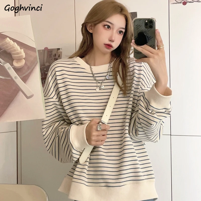 

Sweatshirts Women Striped All-match Elegant Spring Autumn New Loose O-neck College Leisure Female Soft Stylish Korean Style Fit