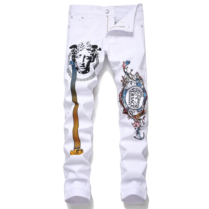 

Spring And Autumn Jeans White Digital Print Stretch Motorcycle Personality Pants Ripped Jeans Casual Fashion Trend Men's Pants