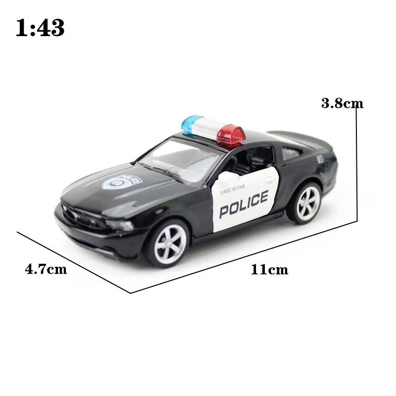 Diecast Metal Toy Car Model 1:43 Scale Ford Mustang GT Police Pull Back Doors Openable Educational Collection Gift Kid Match Box