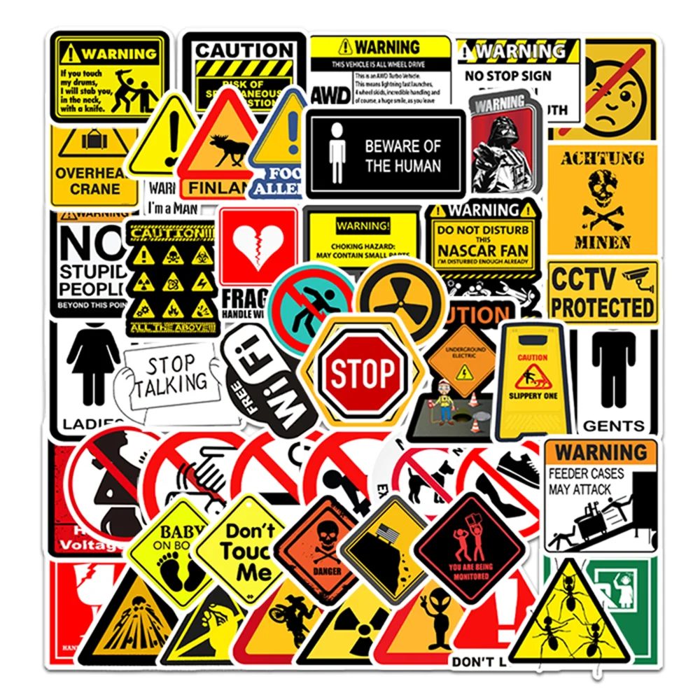 50Pcs Warning Signs Graffiti Stickers Waterproof Decal Sticker to DIY Laptop Suitcase Motor Trunk Car Guitar Mobile Phone